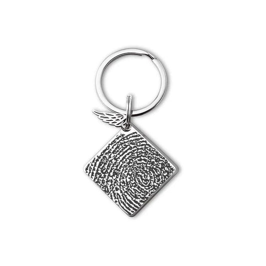 FINGERPRINT DOG TAG MEMORIAL KEYCHAIN WITH ANGEL WING CHARM